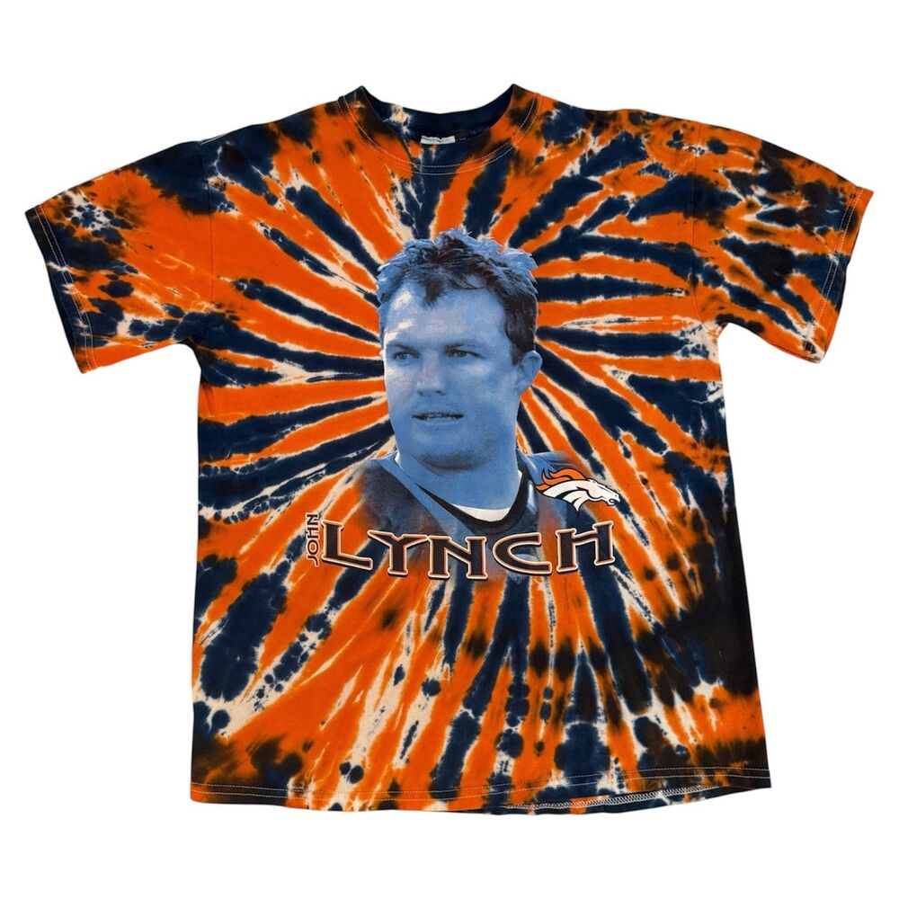 Vintage Y2K Denver Broncos John Lynch Tie Dye Orange And Blue TShirt Size Medium